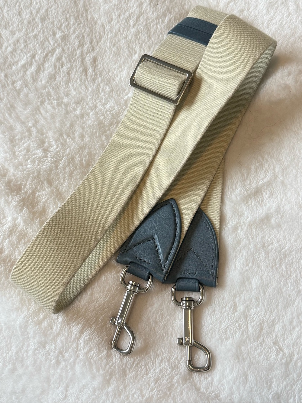 Authentic Louis Vuitton denim /fabric bag strap (cream and blue) silver hardware